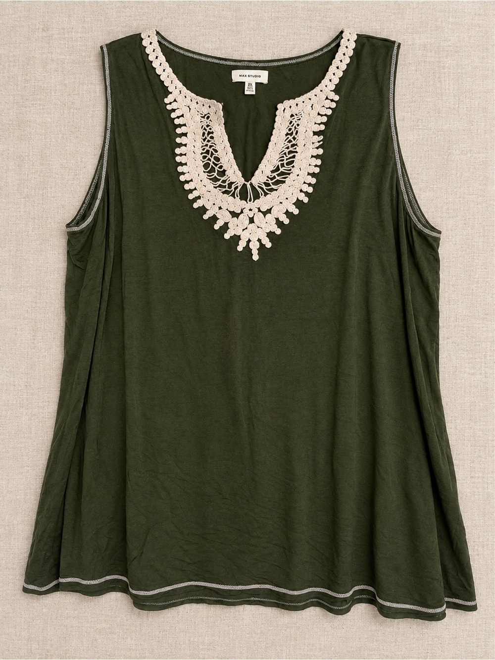 Max Studio Olive Green Crochet Lace Trim Sleeveless Tank Top Boho Plus Size 2x
